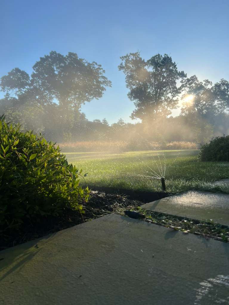 Pop-up sprinkler head irrigating a garden bed near a walkway